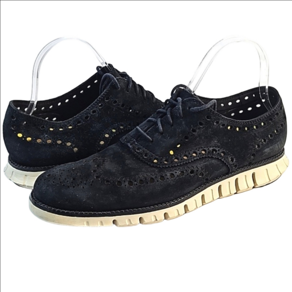 Cole Haan ZeroGrand Suede Black Perforated Wingtip Lace-up Oxford Sneaker Size 8
